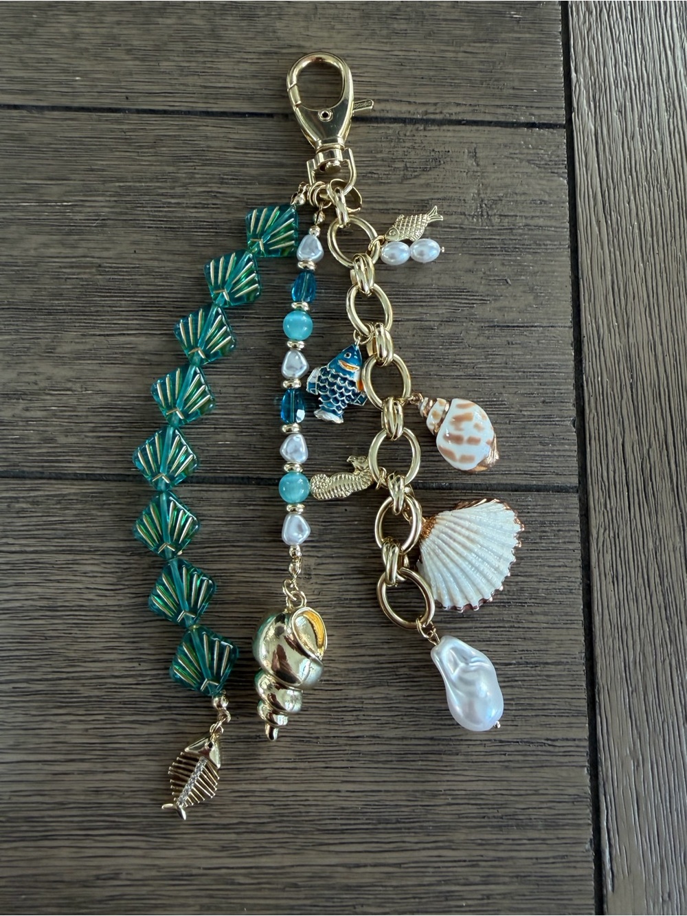 Gold and Teal Seashell Charm Bracelet Keychain